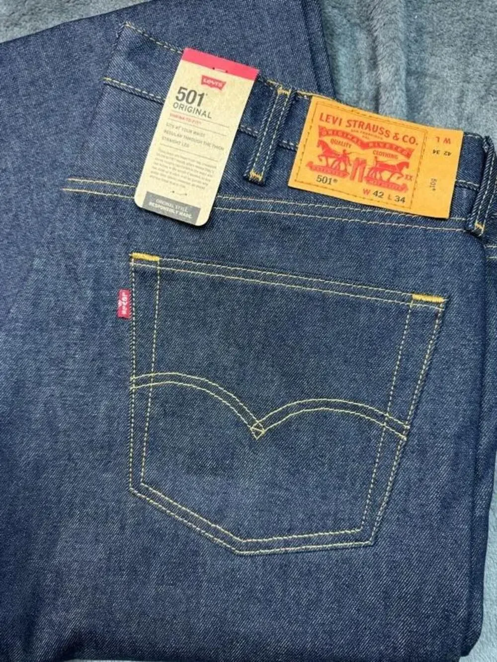 Levi's 501 Jeans Mens 42x34 Blue Raw Straight Shrink-To-Fit Button Fly Denim